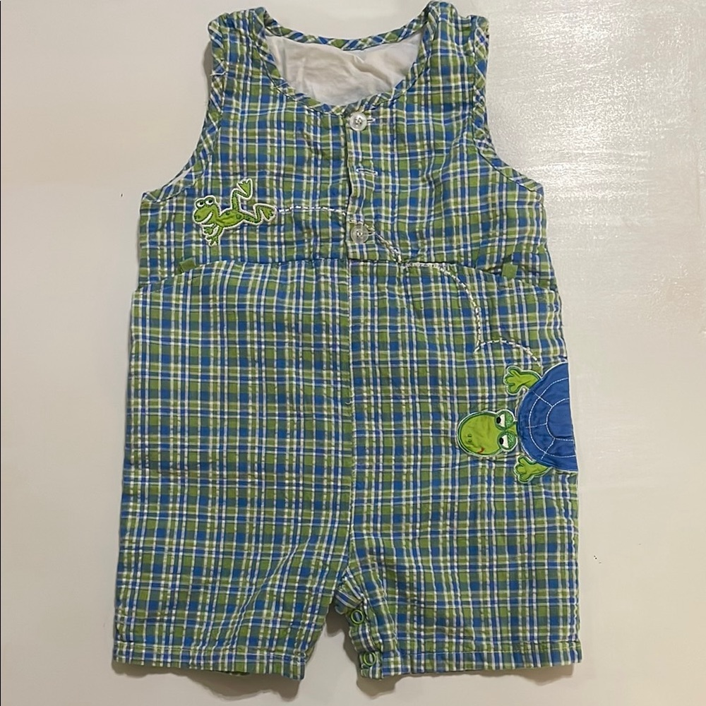 Plaid Green and Blue Baby Romper with Turtle and Frog Design